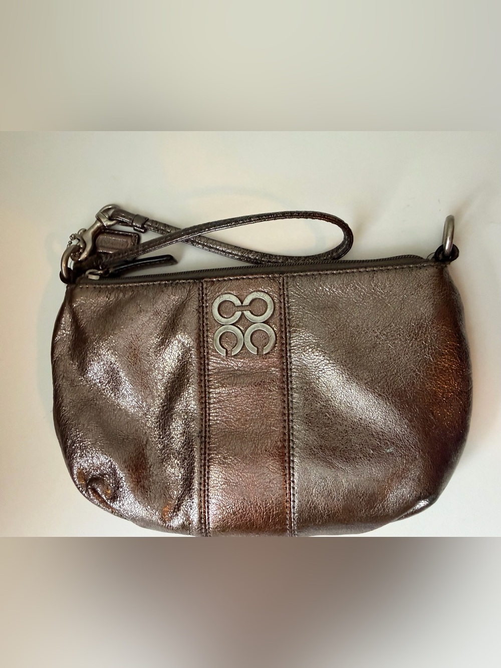 Coach Metallic Silver Copper Patent Leather Zip Wallet Wristlet